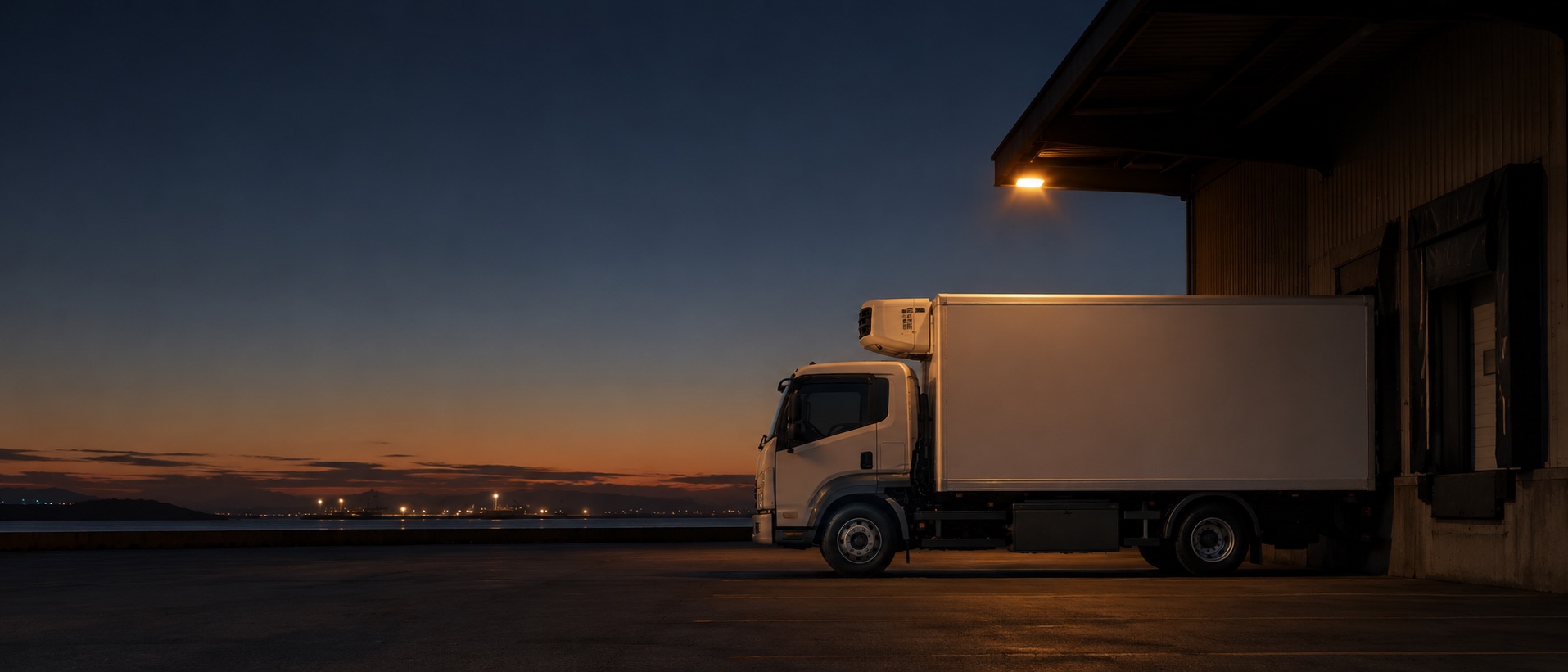 Refrigerated truck at a depot loading bay at dusk.