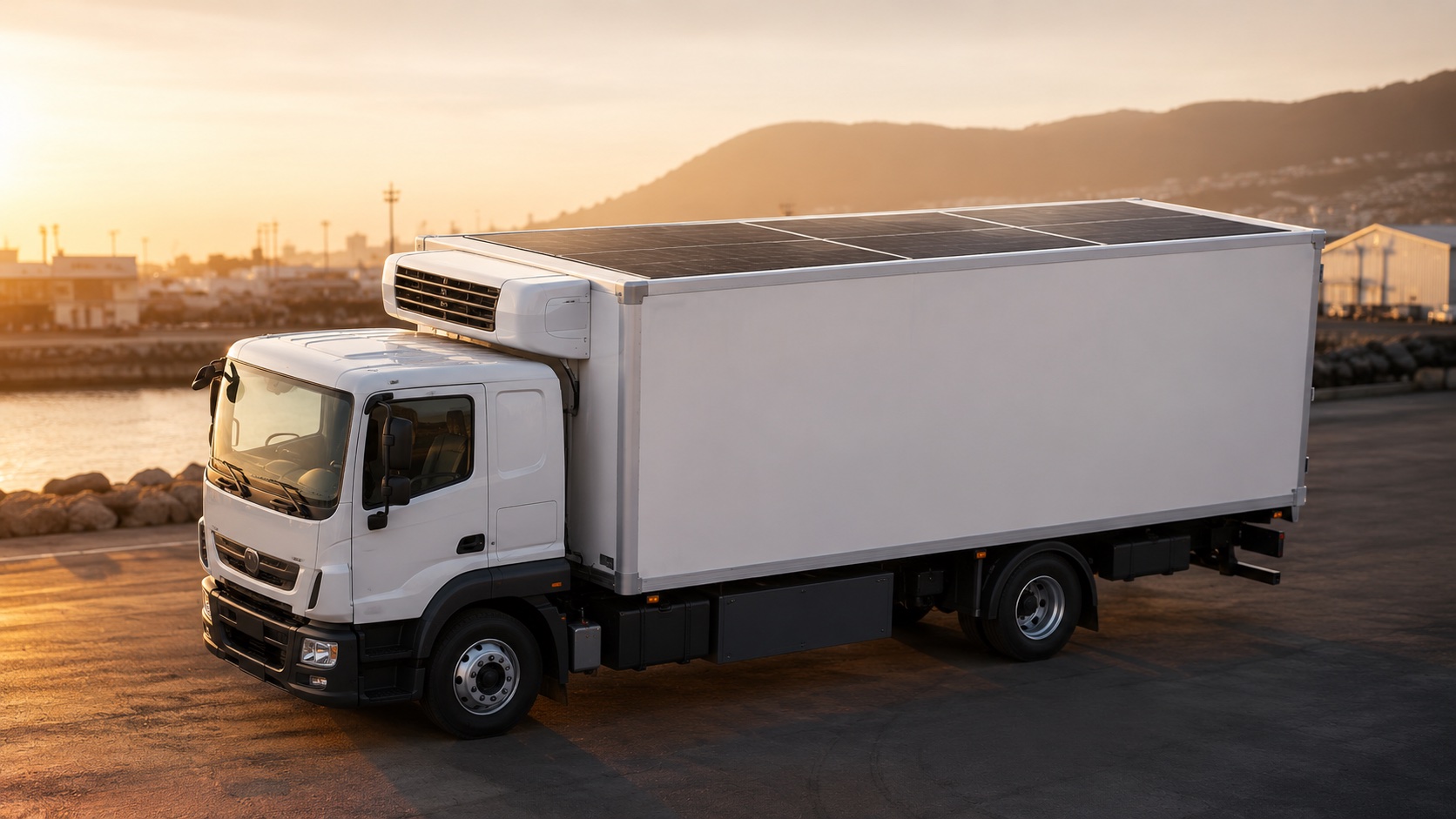 Refrigerated truck at sunset with rooftop solar panels.