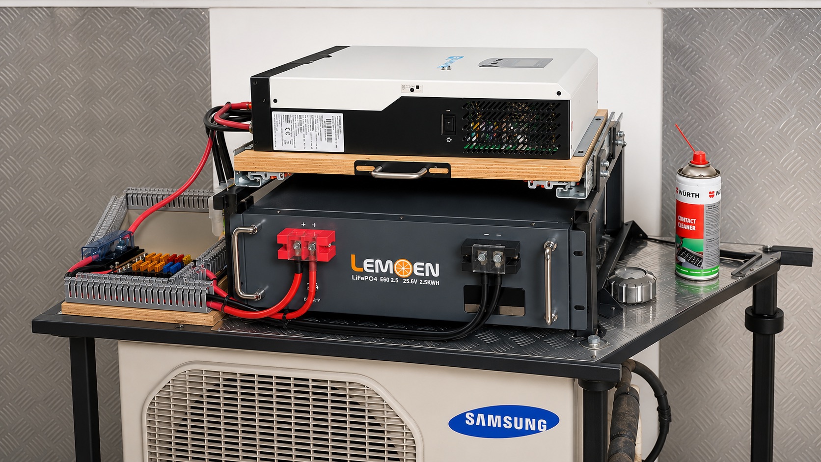 The first Elmech eTRU bench prototype — a LiFePO₄ battery, an inverter stacked above it, and a cooling unit, wired together on a workshop bench to validate the electric standby concept.