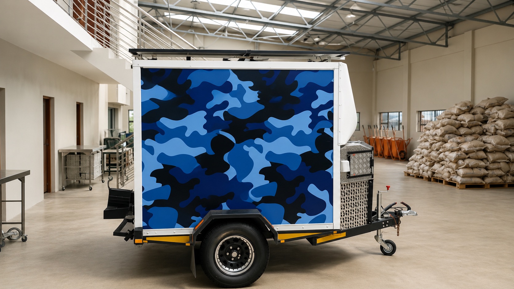 The first Elmech eTRU trailer in the workshop, finished in a blue camouflage wrap — the first self-contained electric refrigeration unit built from the bench prototype.